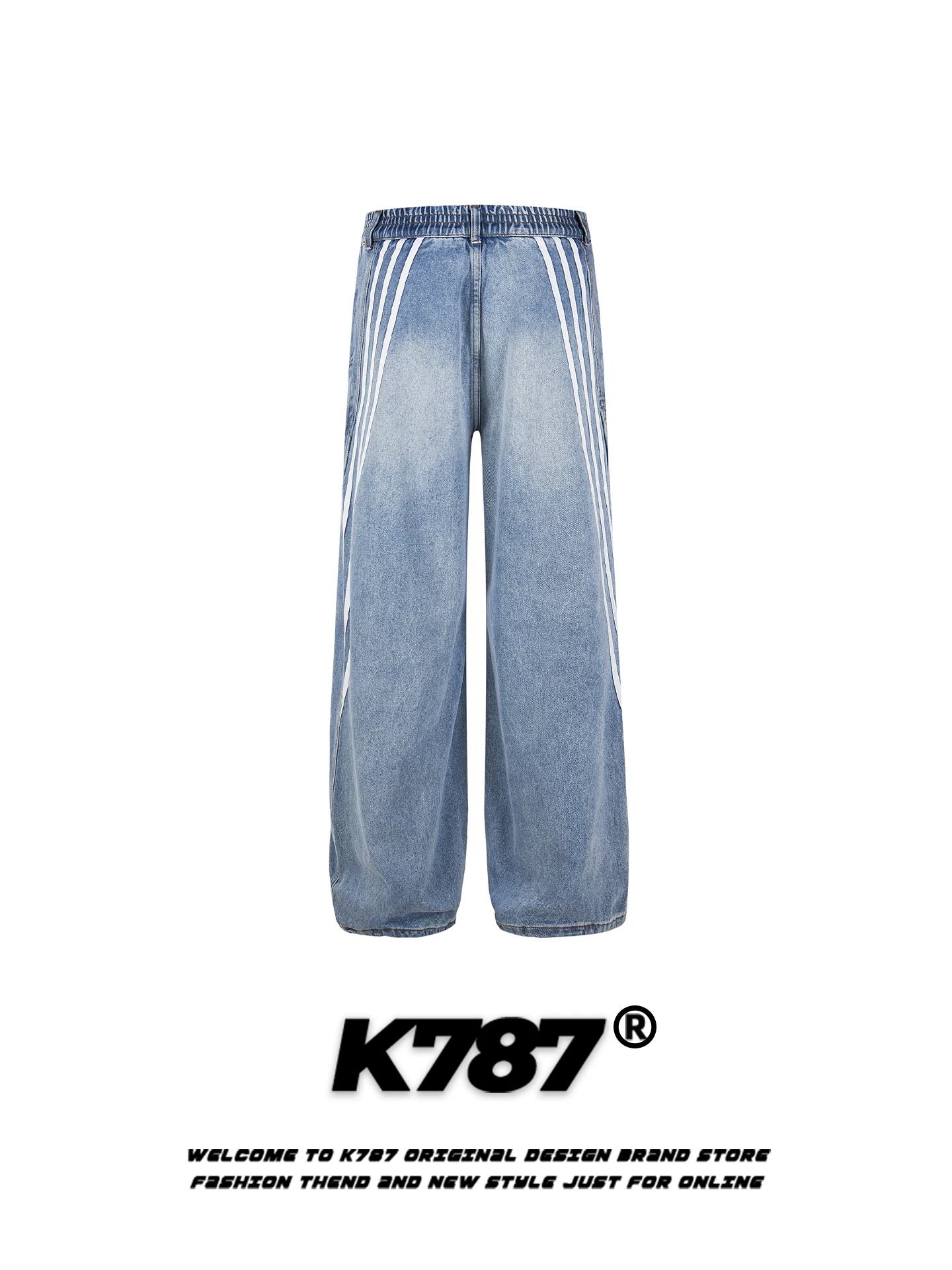 Quần jeans unisex K787 kiểu Mỹ cổ điển, xước, phối vải, kiểu dáng rộng, dài chấm đất, chất liệu vải dù sọc, phong cách casual.