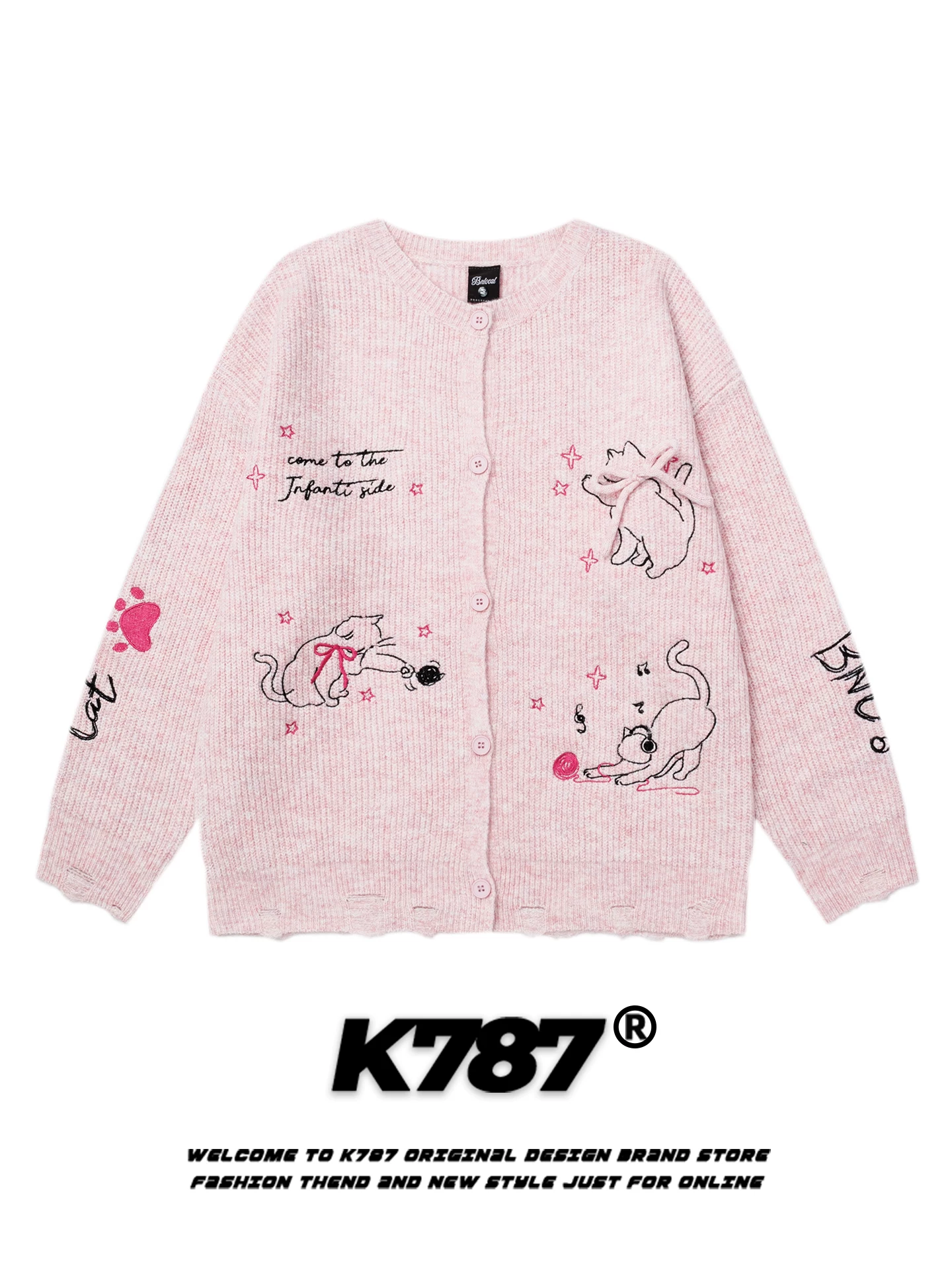 Áo len cardigan thêu hình động vật hoạt hình phong cách ngọt ngào Mỹ K787 dành cho nam và nữ, kiểu dáng rộng rãi, thoải mái, áo khoác cặp đôi dệt kim