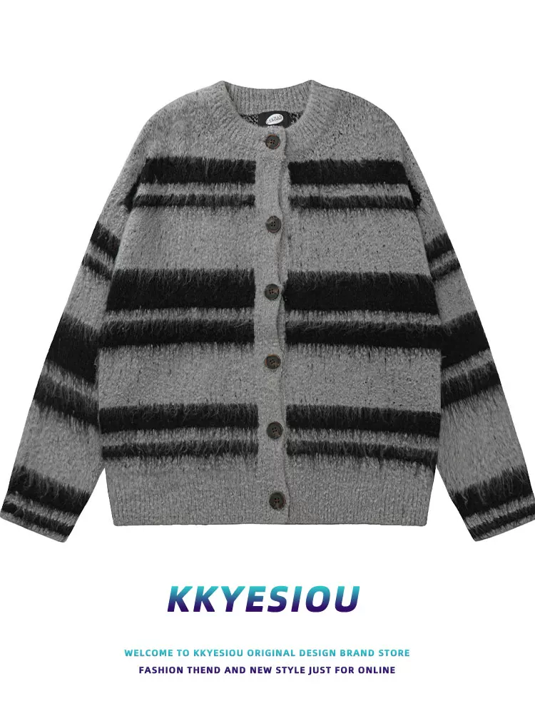 Áo cardigan dệt kim sọc phong cách retro Mỹ KKyesiou dành cho nam và nữ, áo khoác len cặp đôi mùa thu đông