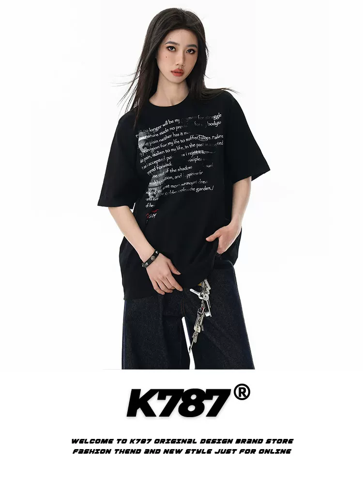 Áo thun ngắn tay phong cách đường phố Mỹ K787, kiểu chữ hip-hop, thiết kế rách cá tính, dành cho nam và nữ, dáng rộng, đa năng, thích hợp cho mùa hè.