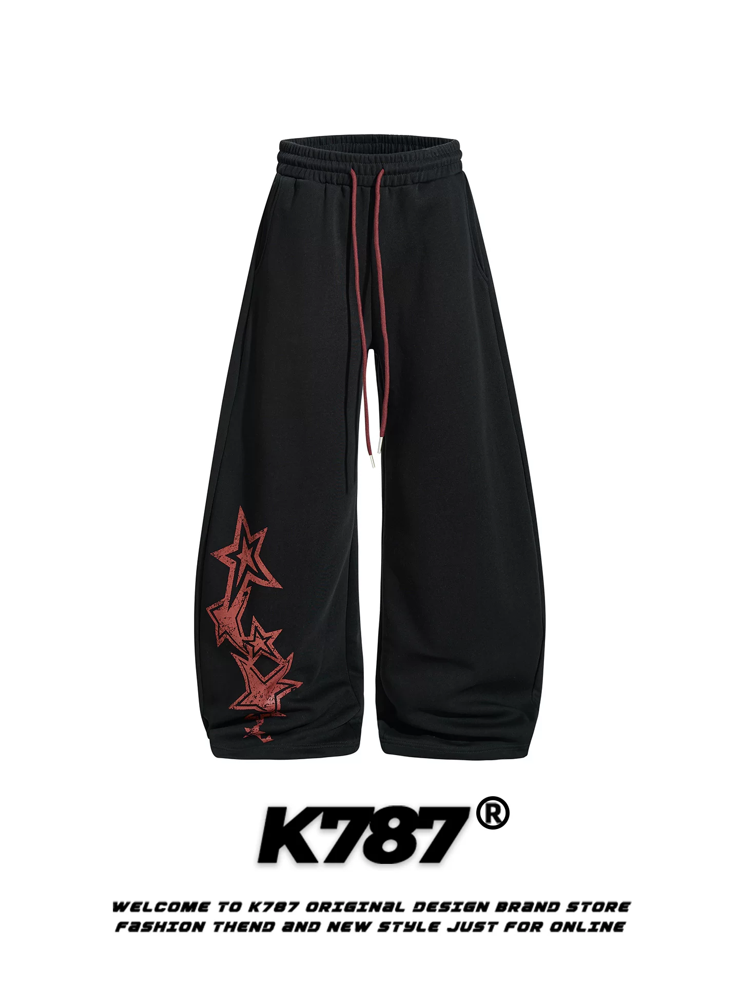 Quần ống rộng unisex kiểu Mỹ cổ điển in hình sao K787, dáng rộng, phong cách đường phố, thể thao, có dây rút, chất liệu thoải mái