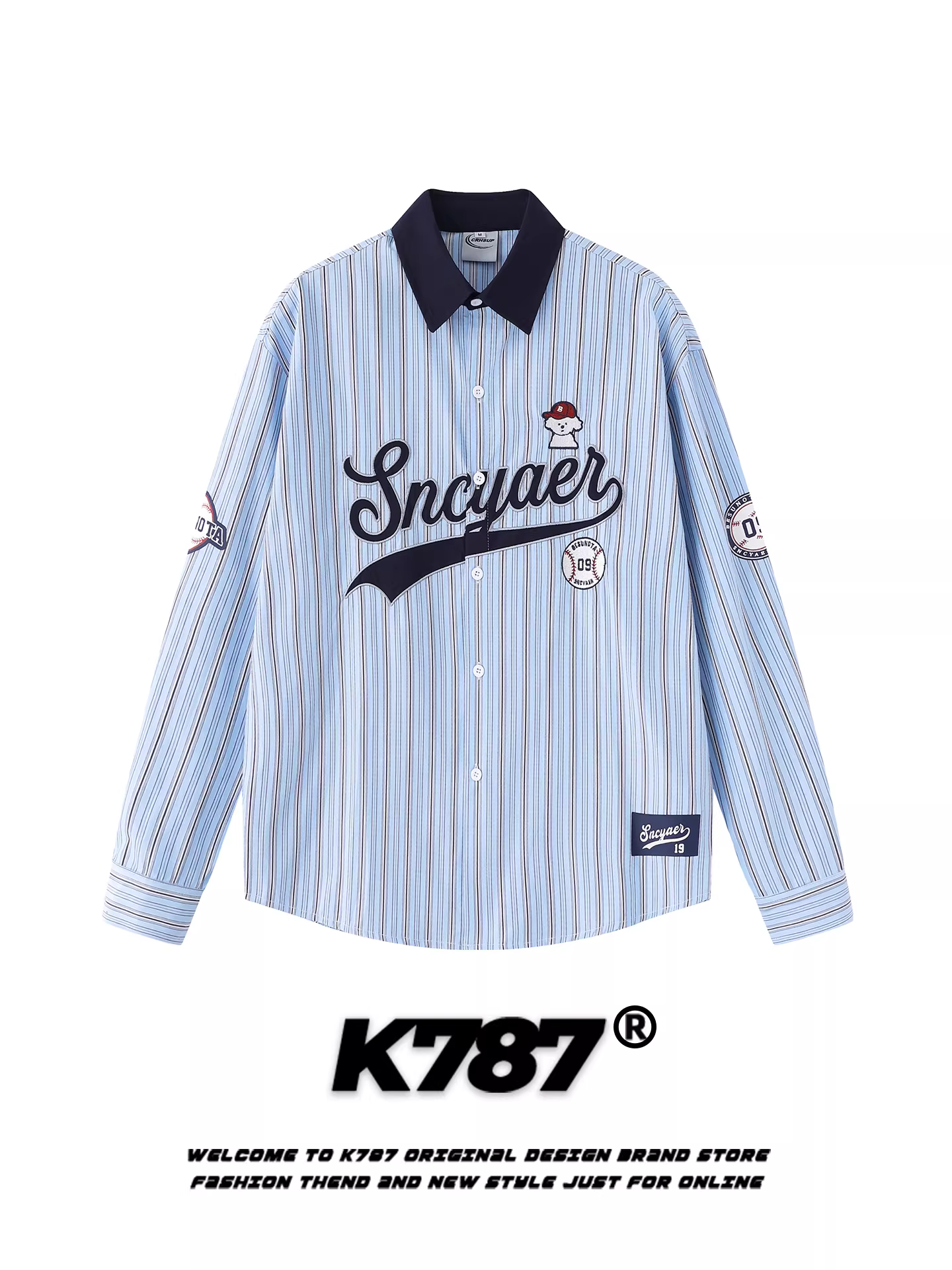 Áo sơ mi dài tay thêu chữ sọc cổ điển kiểu Mỹ K787 dành cho nam và nữ, phong cách đại học, áo cặp rộng rãi và đa năng cho mùa thu.