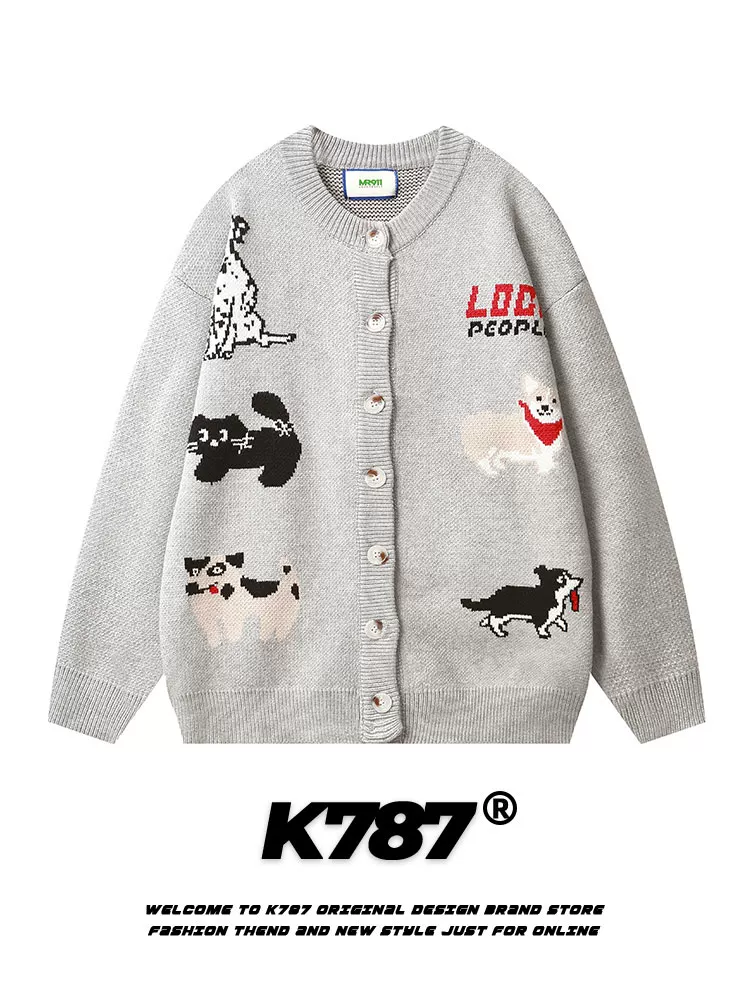 K787 Áo len dệt kim màu đỏ theo phong cách retro kiểu Mỹ theo chủ đề chó mùa đông áo len cặp đôi theo phong cách cung hoàng đạo