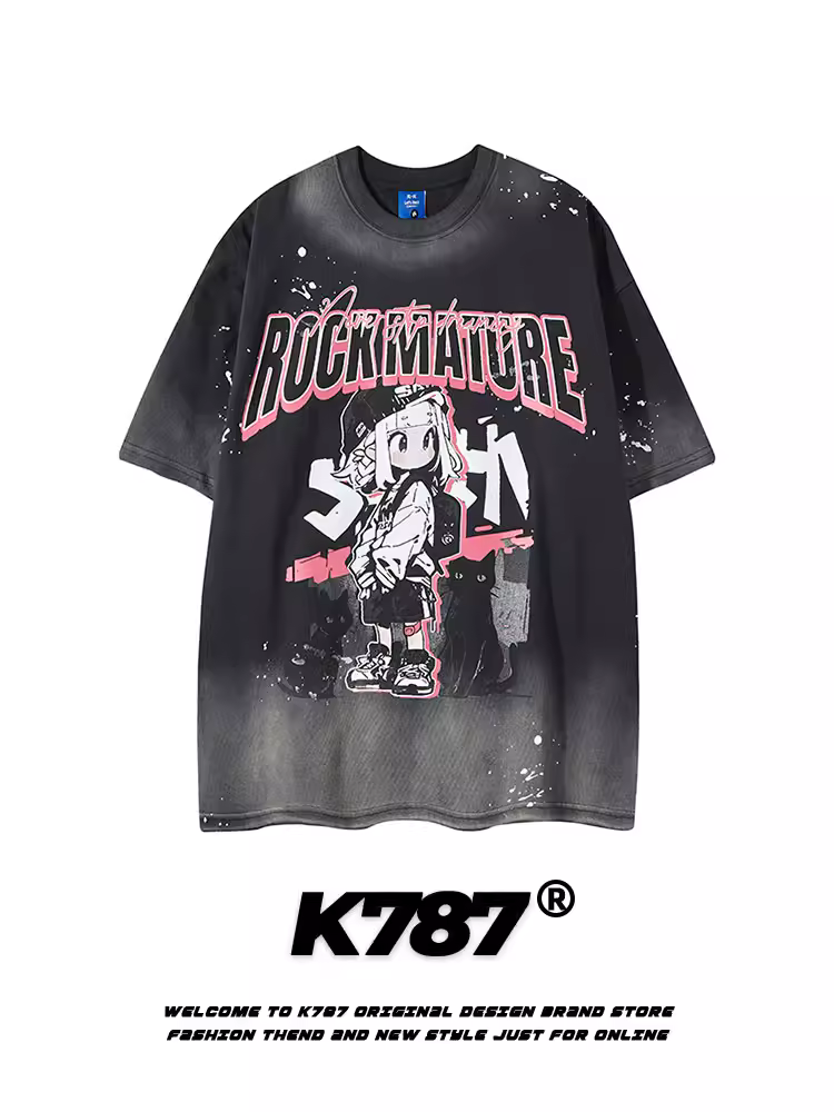 K787 Áo thun ngắn tay phong cách retro vui nhộn của Mỹ có họa tiết graffiti đau khổ dành cho nam và nữ Áo thun nửa tay cỡ lớn dành cho cặp đôi