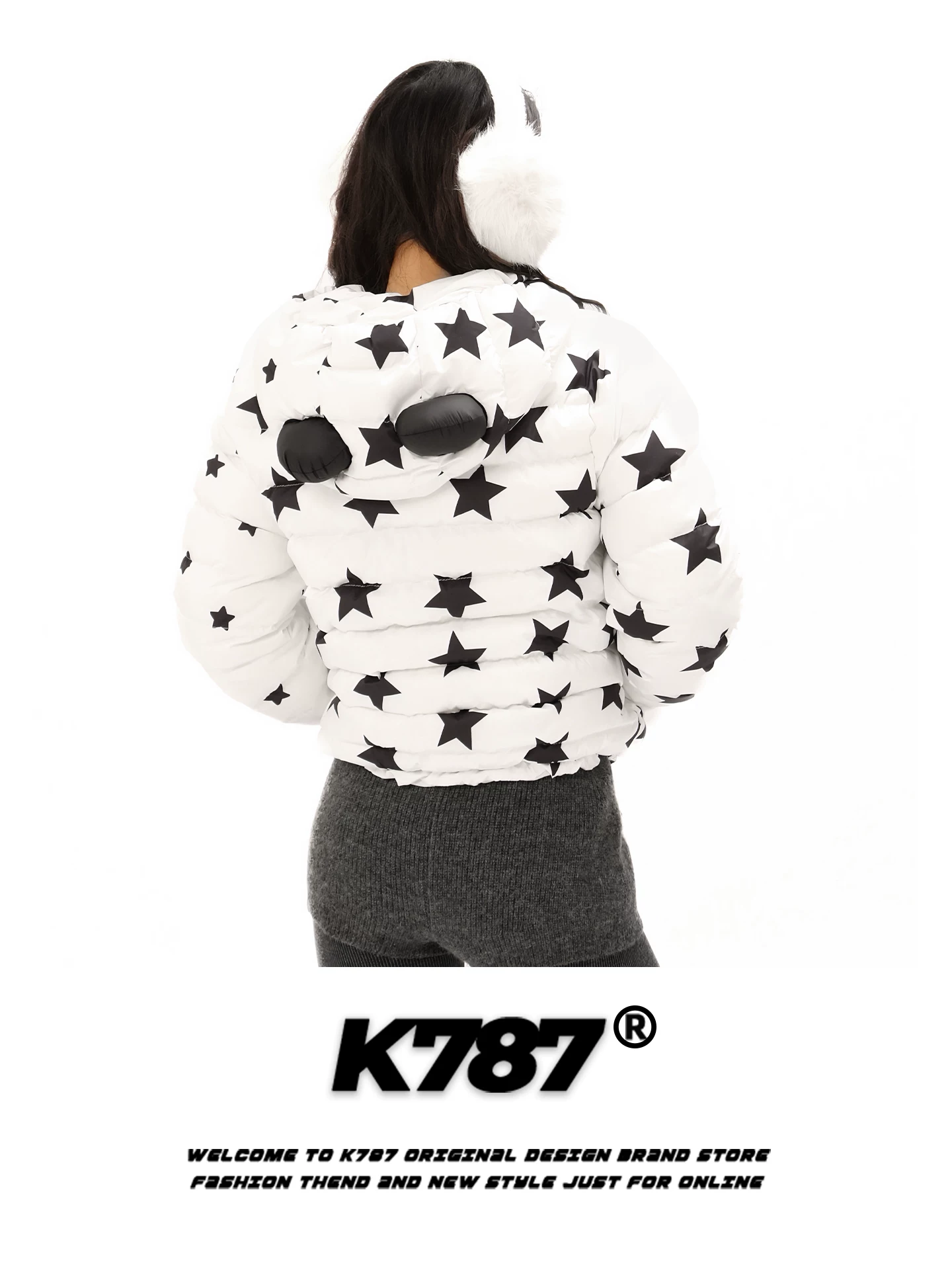 Áo khoác cotton có mũ trùm đầu kiểu Mỹ K787 in hình ngôi sao, chất liệu cotton dày dặn, ấm áp, kiểu dáng ngắn y2k dành cho nữ