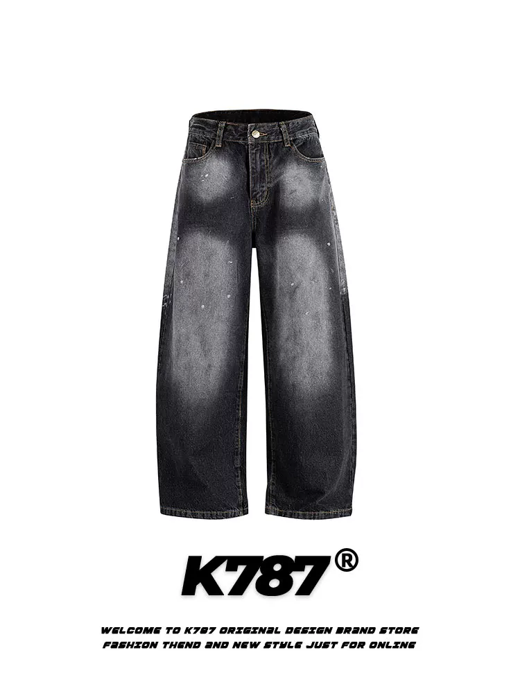 Quần jeans K787 kiểu Mỹ cổ điển, xước, nhuộm màu, dành cho nam và nữ, phong cách đường phố, cạp cao, dáng rộng, ống thẳng, kiểu quần lửng.