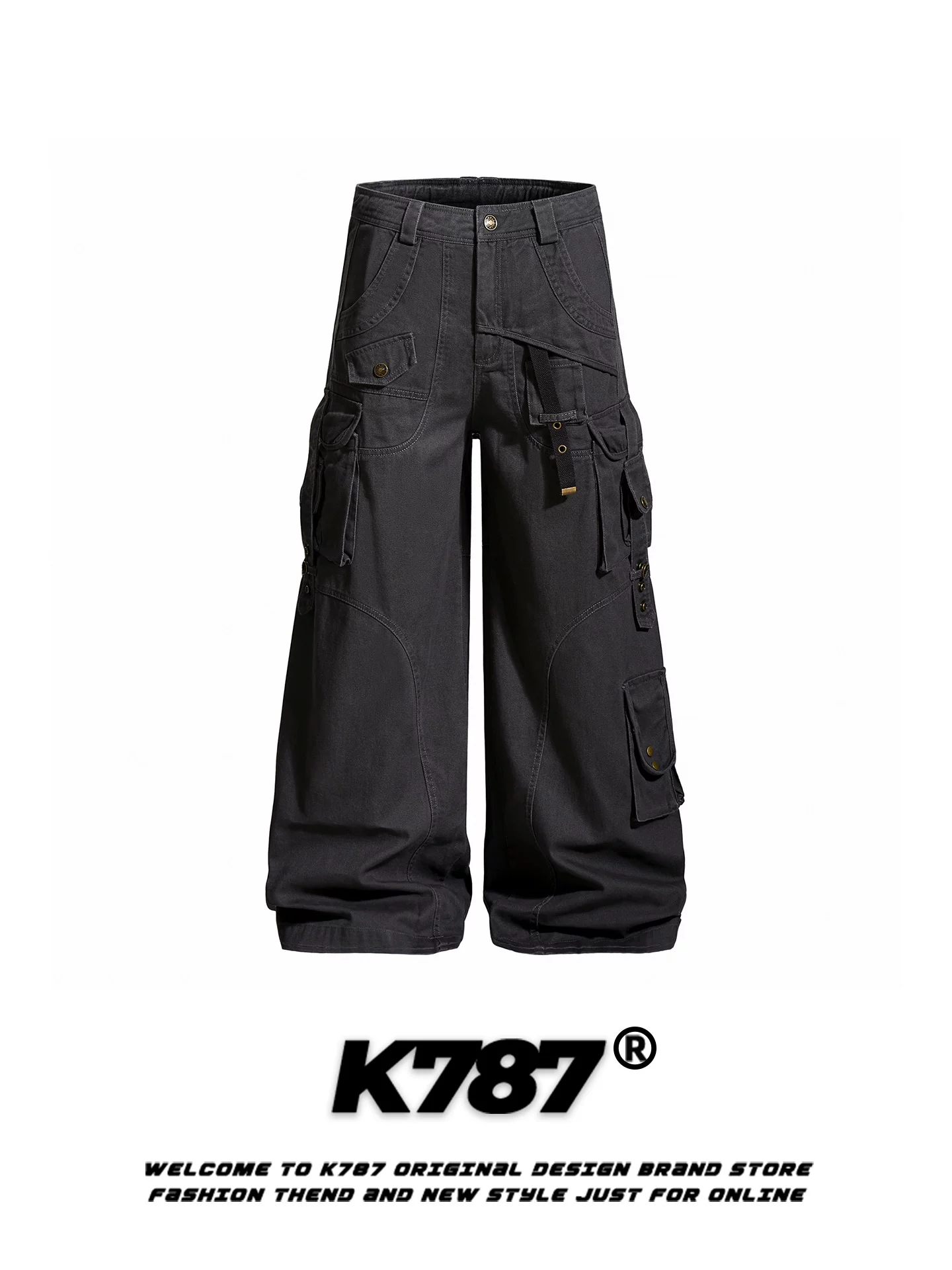 Quần cargo nhiều túi kiểu Mỹ cổ điển K787, unisex, dáng thẳng, chất liệu casual, cạp cao, phối dây, ống rộng, thoải mái