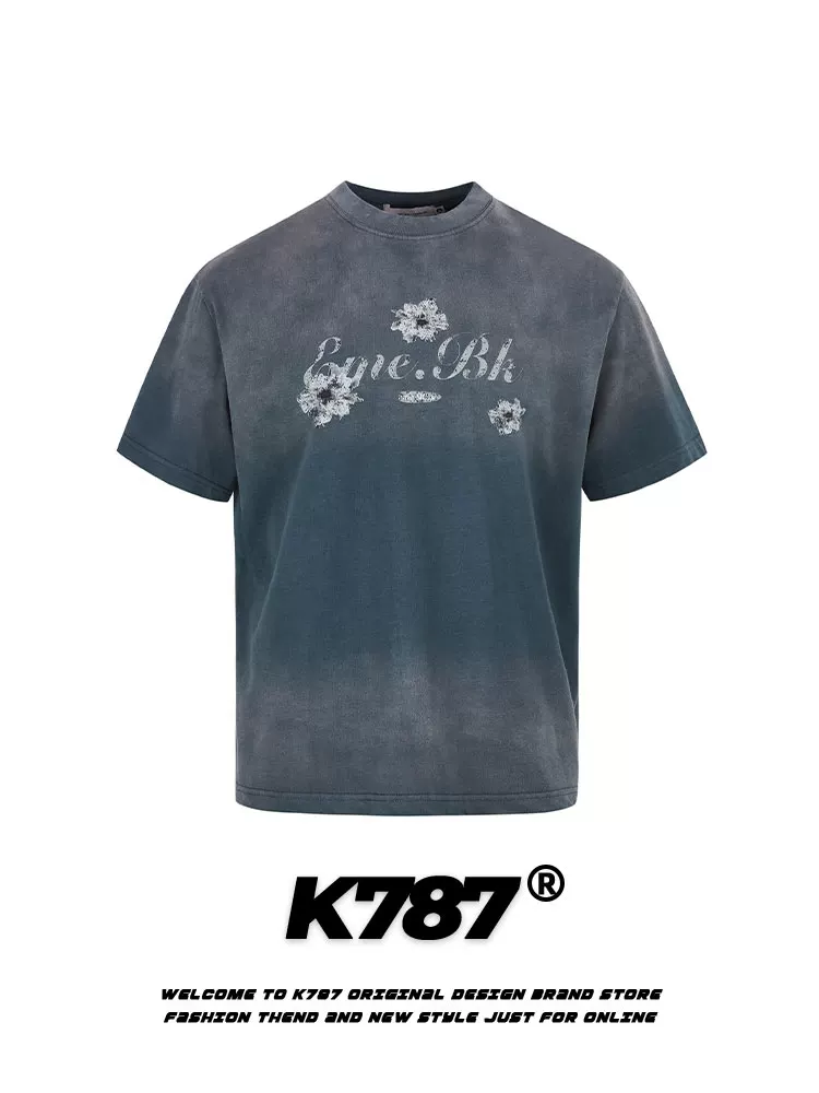 K787 Áo thun ngắn tay phong cách Mỹ hợp thời trang, kiểu dáng lười biếng, màu gradient, dành cho nam và nữ, kiểu dáng regular, tay lửng, mùa hè