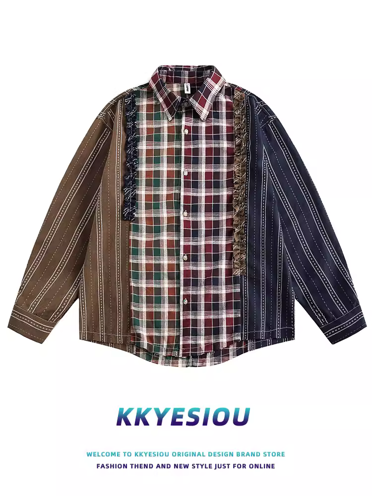 Áo sơ mi dài tay KKyesiou kiểu Mỹ cổ điển, phối ren, họa tiết kẻ sọc, unisex, thời trang, thương hiệu xu hướng, áo khoác cặp đôi mùa xuân thu