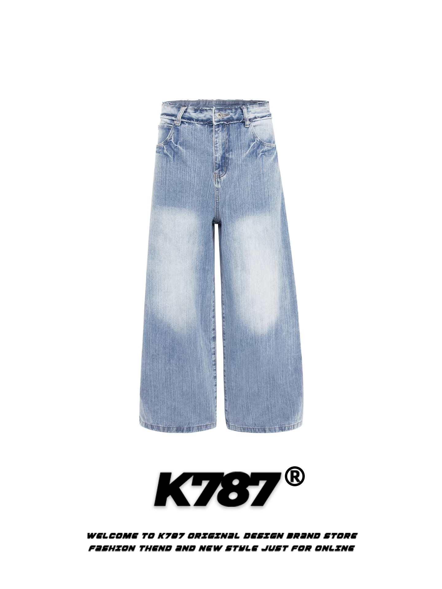 Quần jeans unisex dáng rộng, cạp xéo, phong cách retro Mỹ, chất liệu washed, viền xù, kiểu dáng thời trang, thoải mái.