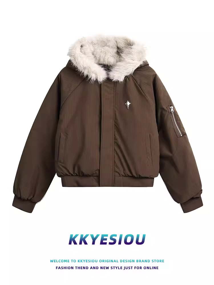 Áo khoác cotton ngắn dày dặn mùa đông kiểu Mỹ cổ điển K787 năm 2025, có cổ lông, dành cho nam và nữ, áo khoác cặp màu trơn phong cách Chanel