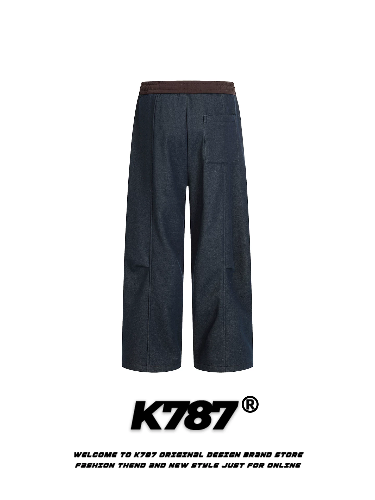 Quần thể thao giả denim phối màu cổ điển kiểu Mỹ K787 dành cho nam và nữ, lót lông cừu, ấm áp, cạp cao, quần ống rộng thẳng