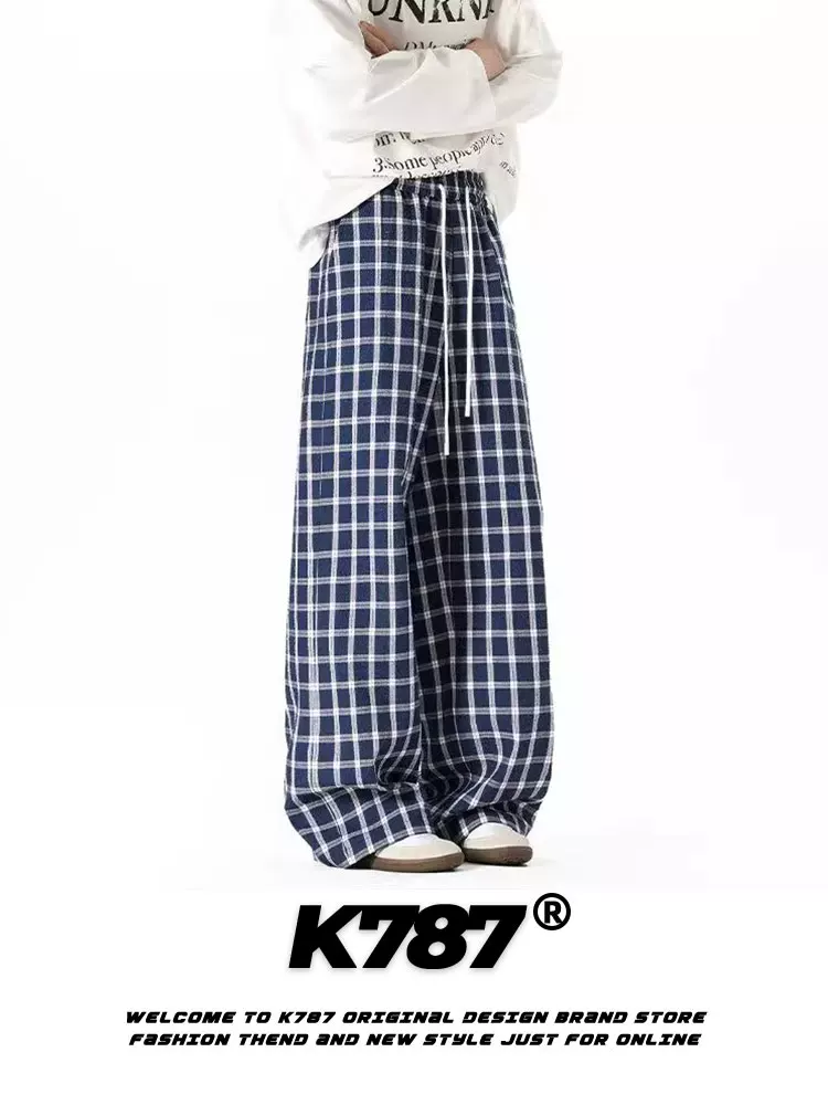 K787 Quần thể thao thông thường kẻ sọc đen trắng cổ điển kiểu Mỹ dành cho nam và nữ, quần ống đứng đa năng có dây rút lưng cao