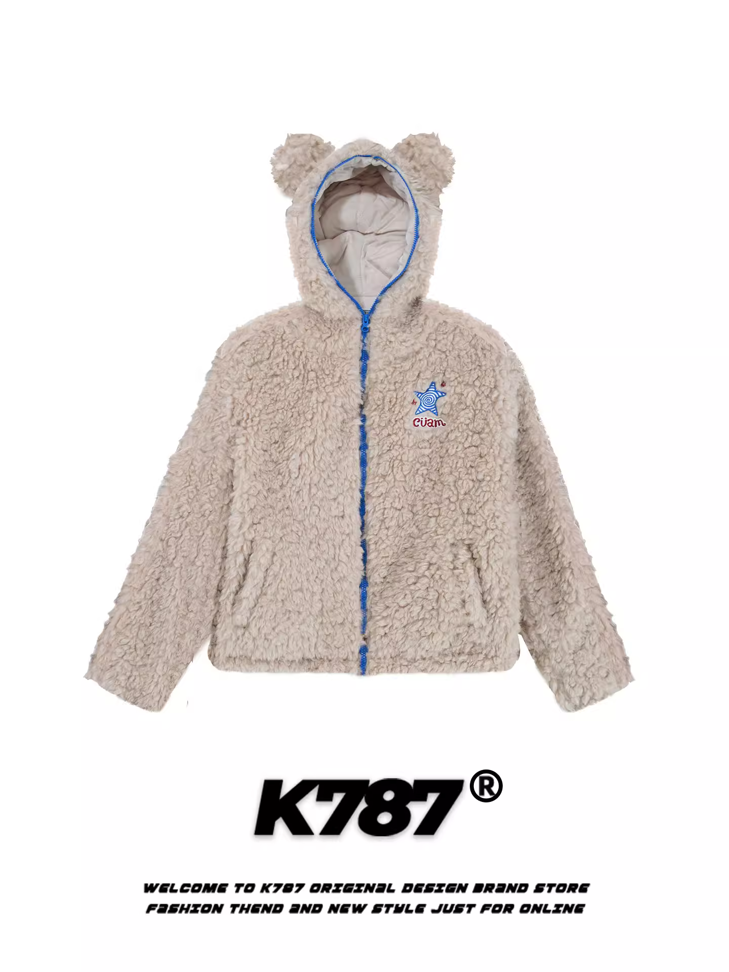 Áo khoác cotton tai gấu phong cách đường phố Mỹ K787 dành cho nữ, chất liệu len cừu, áo khoác cotton có mũ giữ ấm mùa đông 2025.