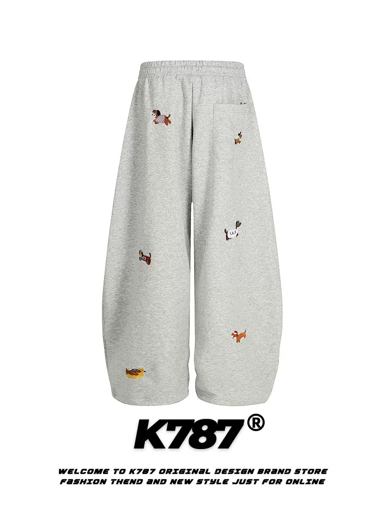 Quần thể thao rộng ống rộng phong cách retro Mỹ K787 thêu hình chó, unisex, cạp cao, kiểu dáng thoải mái, đa năng
