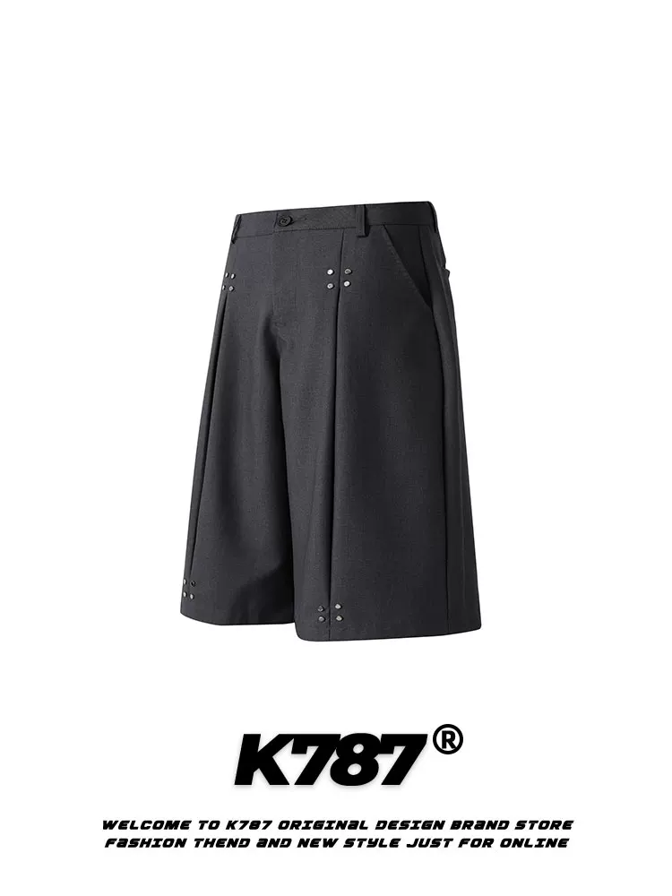 K787 Quần short giản dị theo xu hướng dân tộc kiểu Mỹ có đính nút theo phong cách retro dành cho nam, quần cắt ngắn phong cách đường phố, quần âu ống đứng lưng cao