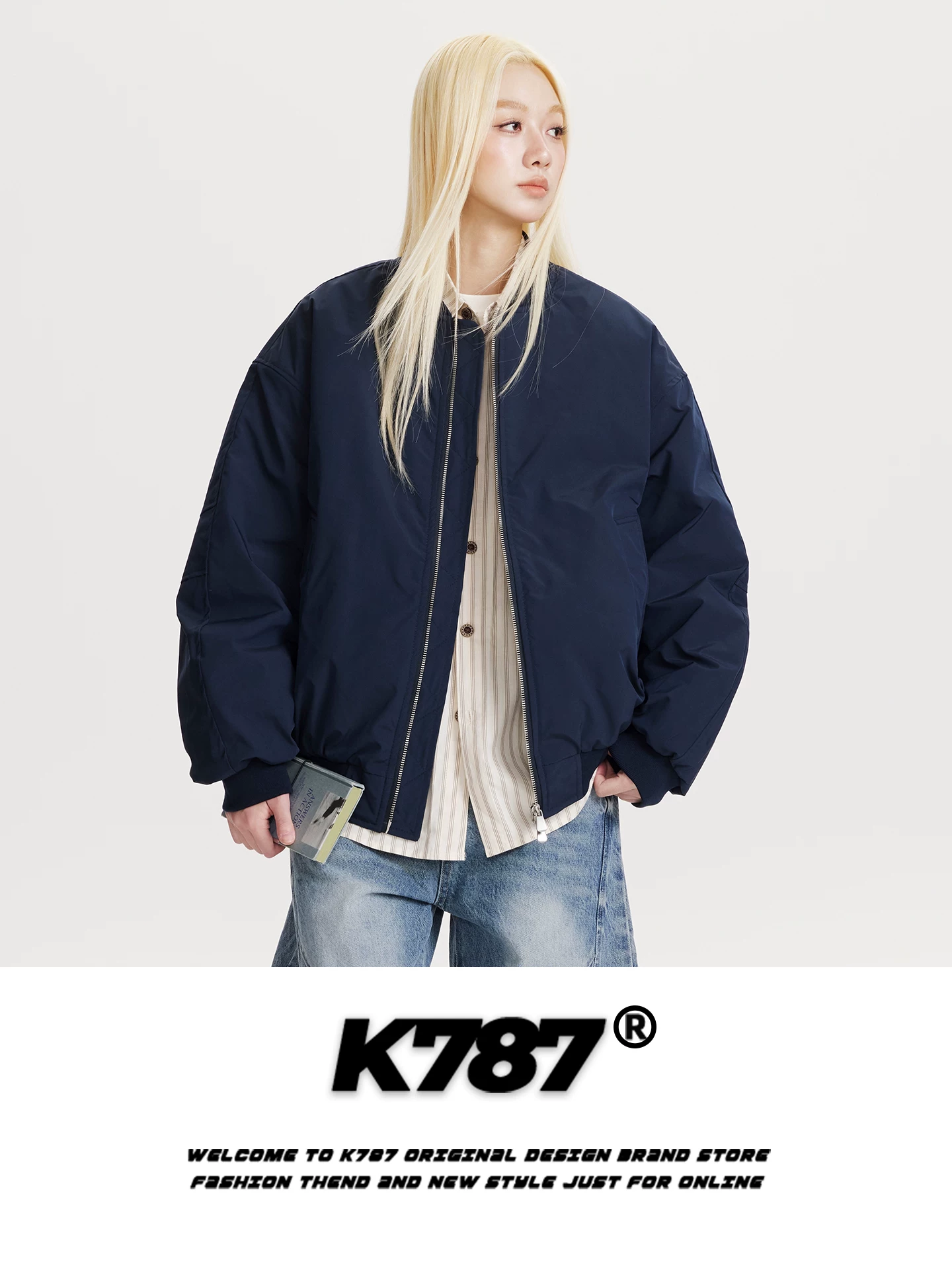 Áo khoác bomber màu trơn kiểu Mỹ cổ điển K787 chất liệu cotton, unisex, dáng rộng, thời trang, thương hiệu nổi tiếng, màu hồng ấm áp, áo đôi mùa đông