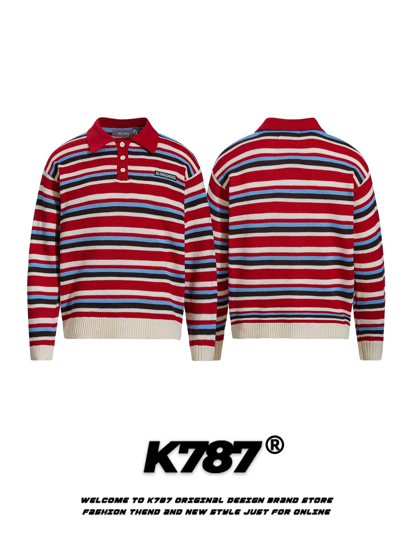 K787 Áo len cổ polo sọc phong cách đường phố Mỹ unisex dáng rộng xu hướng quốc gia đi lại đa năng cặp đôi dệt kim