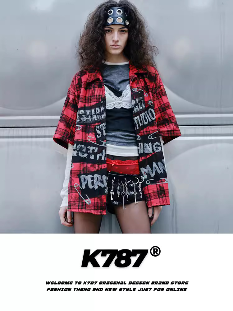 K787 Áo sơ mi ngắn tay kẻ sọc in họa tiết cổ điển kiểu Mỹ dành cho nam và nữ với thiết kế độc đáo áo cardigan nửa tay mùa hè kiểu dáng cao cấp