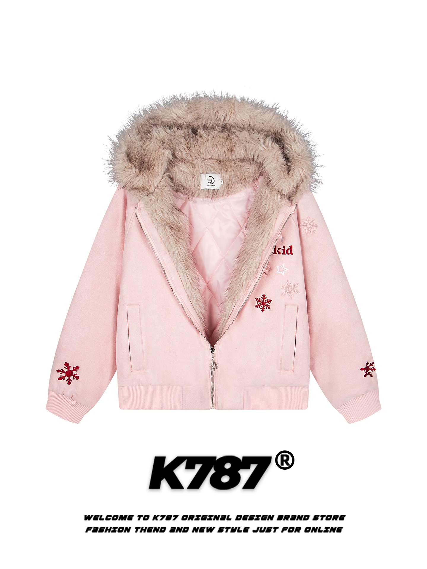 Áo khoác cotton có mũ trùm đầu, cổ lông thêu hình bông tuyết kiểu Mỹ cổ điển K787 dành cho nam và nữ, chất liệu da lộn may chần bông giữ ấm, áo khoác mùa đông dành cho cặp đôi