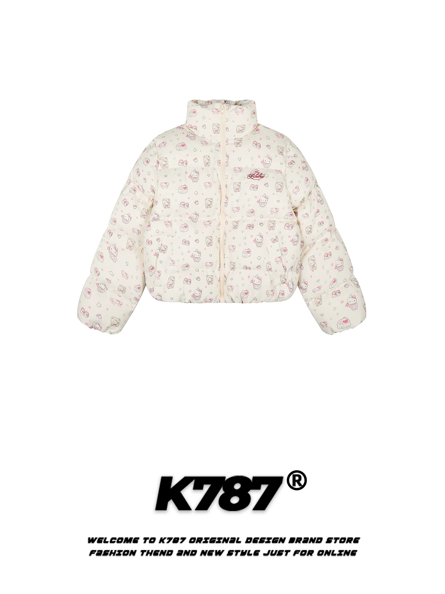 Áo khoác cotton cổ đứng in hình mèo Kitty kiểu Mỹ K787 dành cho nữ, áo khoác cotton ngắn dày dặn, ấm áp, giảm tuổi tác, mặc thường ngày cho mùa đông.