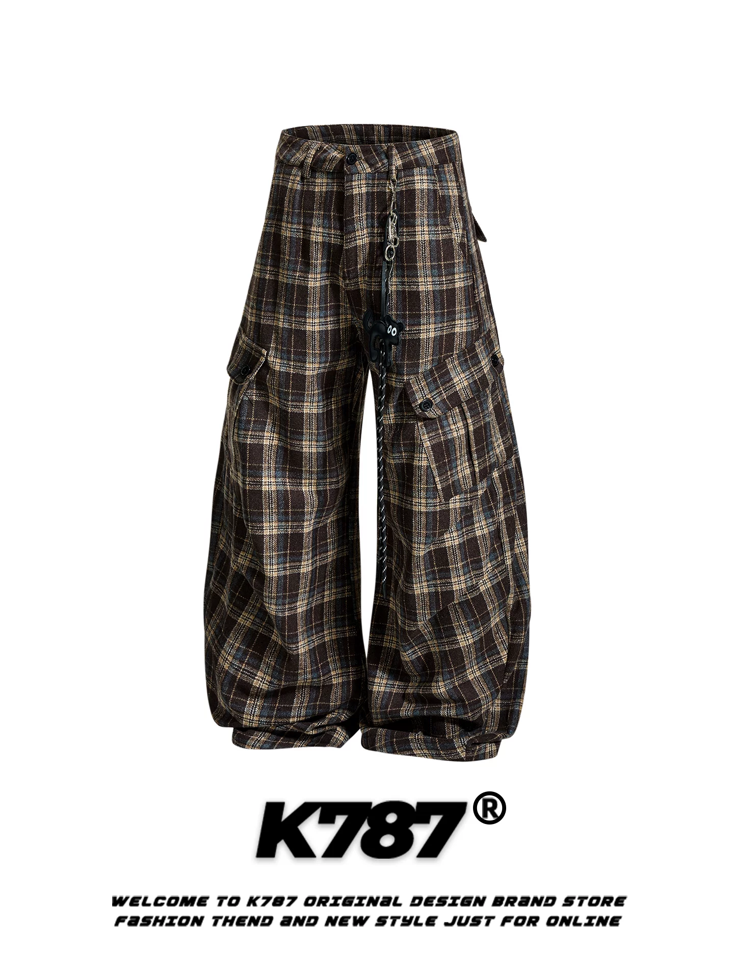 Quần dài kiểu lính dù nhiều túi phong cách retro Mỹ K787, unisex, rộng rãi, hợp thời trang, cạp cao, kẻ ca rô, dáng dài