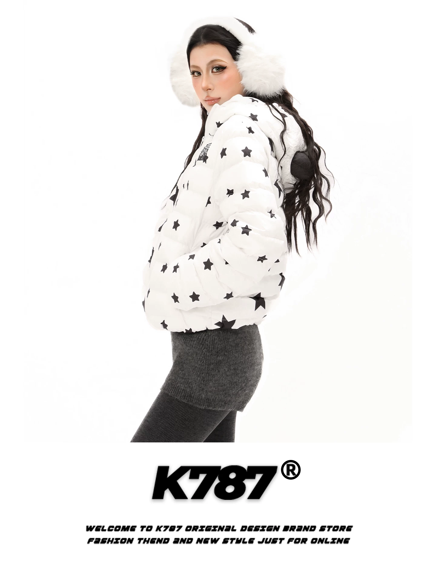Áo khoác cotton có mũ trùm đầu kiểu Mỹ K787 in hình ngôi sao, chất liệu cotton dày dặn, ấm áp, kiểu dáng ngắn y2k dành cho nữ