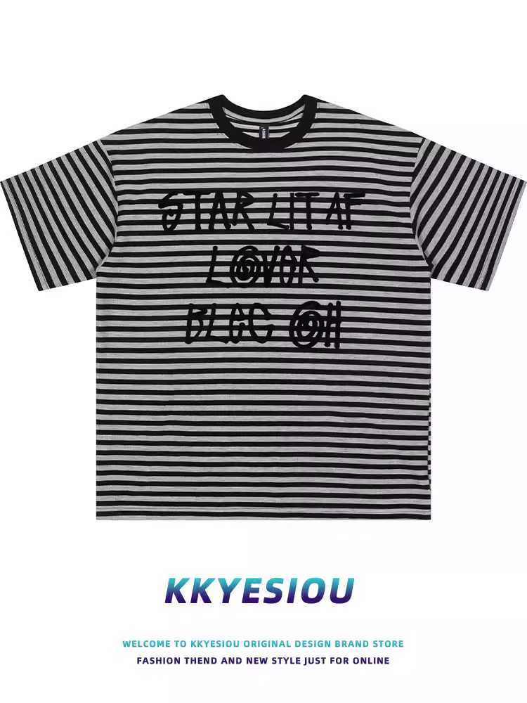 Áo thun ngắn tay sọc chữ KKyesiou đa năng dành cho nam và nữ, kiểu dáng rộng, phong cách đường phố Mỹ, áo đôi