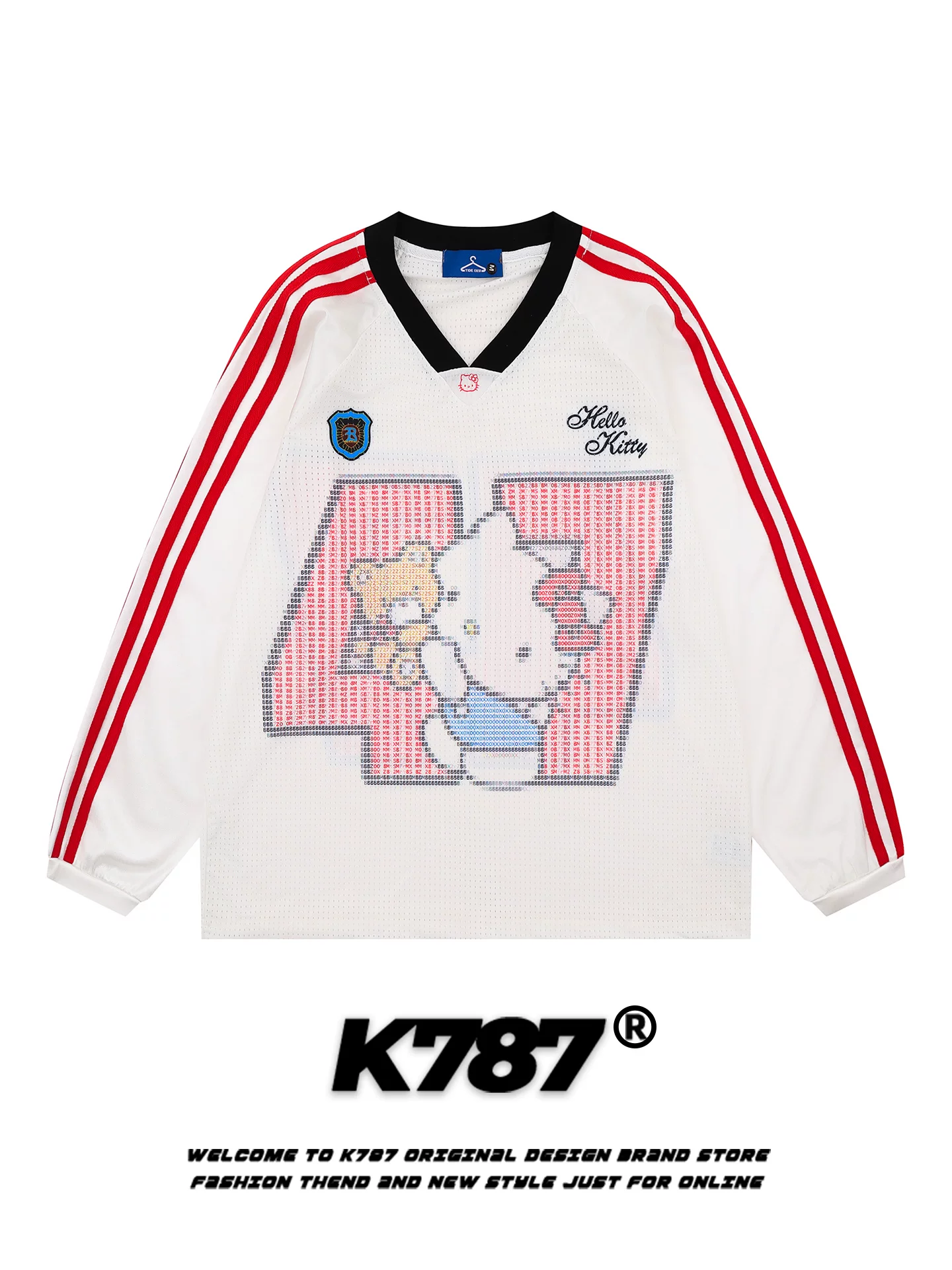 Áo thun dài tay K787 phong cách hoạt hình retro Mỹ hình mèo Kitty dành cho nam và nữ, kiểu dáng thể thao rộng rãi phối màu, chất liệu thoáng khí
