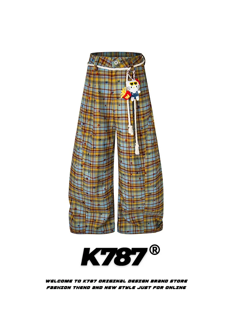 Quần kaki kẻ caro phong cách đường phố Mỹ K787, họa tiết mèo kitty, unisex, in hình sao, phong cách hip-hop, thể thao, cạp cao, dáng thẳng