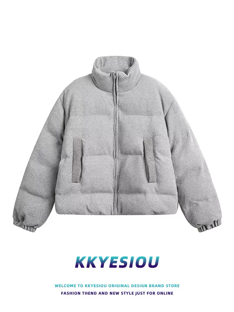 Áo khoác cotton cổ đứng dày dặn kiểu Mỹ cổ điển K787 dành cho nam và nữ, áo khoác cotton ngắn đi làm màu trơn cho mùa thu đông 2024.