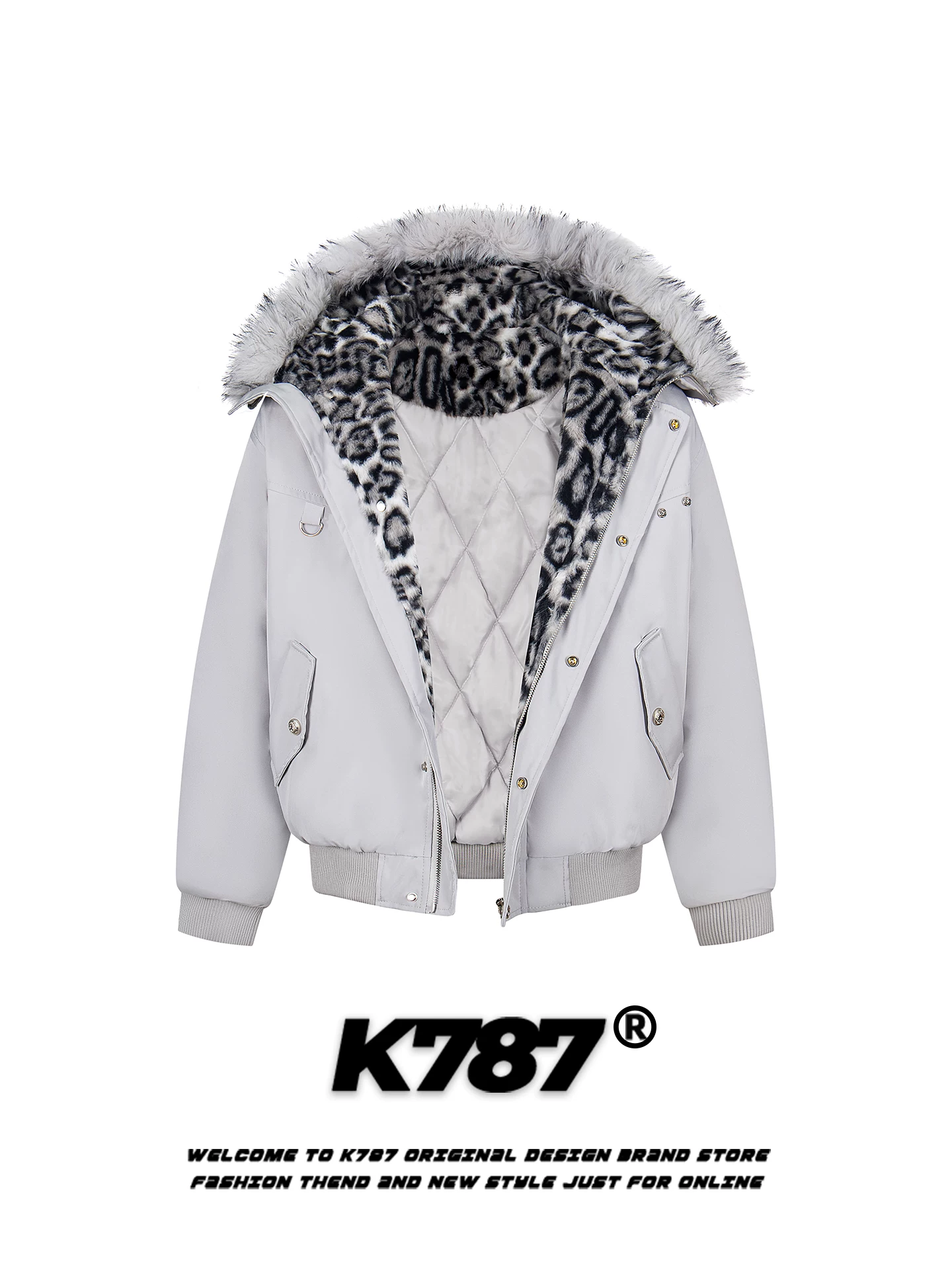 K787 Áo khoác cotton có mũ trùm đầu cổ lông phong cách retro Mỹ dành cho nam và nữ, áo khoác cotton dày dặn ấm áp in họa tiết da báo hợp thời trang dành cho mùa đông.