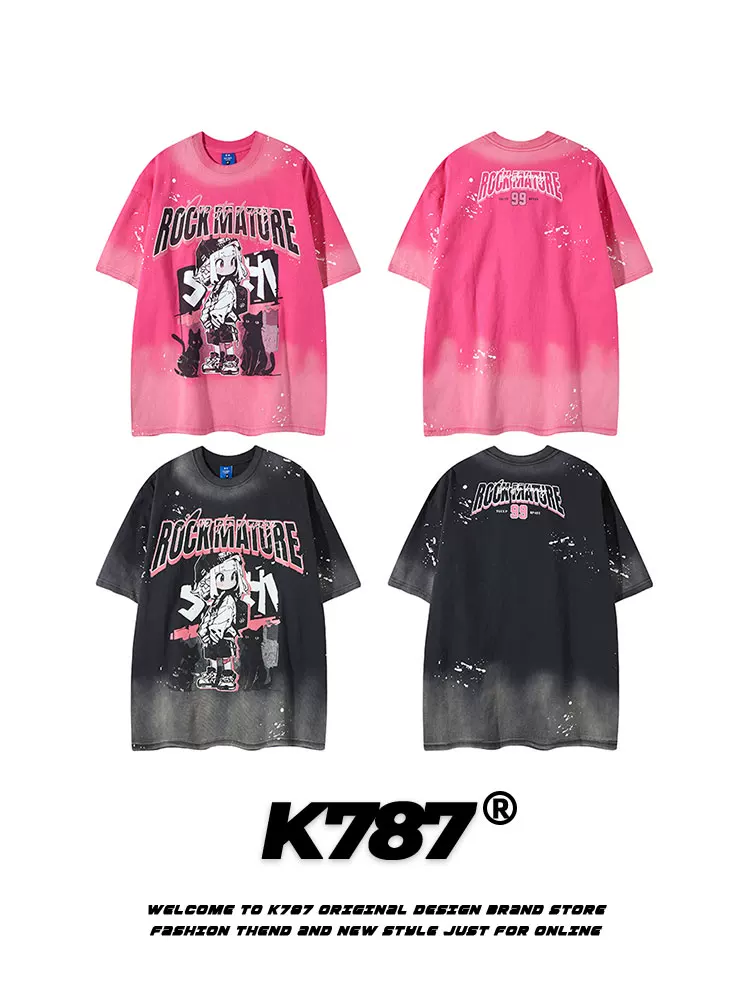 K787 Áo thun ngắn tay phong cách retro vui nhộn của Mỹ có họa tiết graffiti đau khổ dành cho nam và nữ Áo thun nửa tay cỡ lớn dành cho cặp đôi