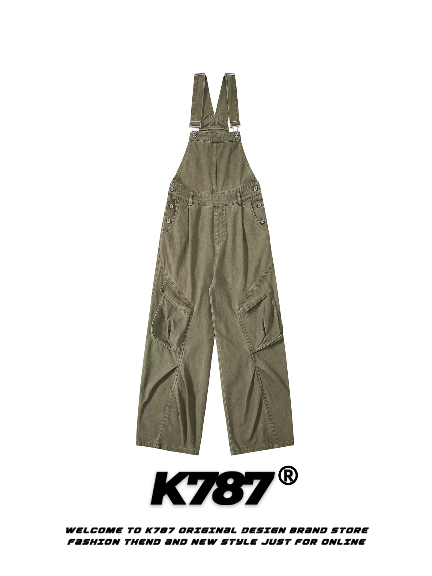 Quần yếm cargo nhiều túi kiểu Mỹ cổ điển K787, unisex, dáng rộng, chất liệu mềm mại, tôn dáng, ống thẳng, ống rộng