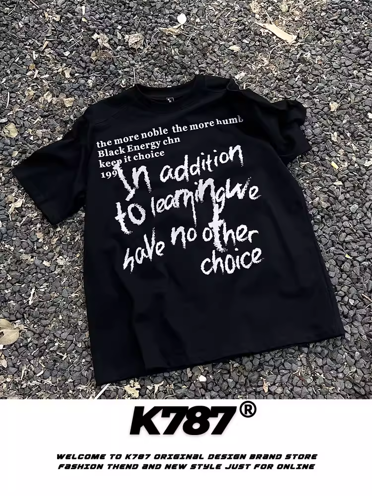 K787 Áo thun ngắn tay phong cách retro Mỹ graffiti unisex cleanfit giản dị theo xu hướng quốc gia áo thun ngắn tay đa năng