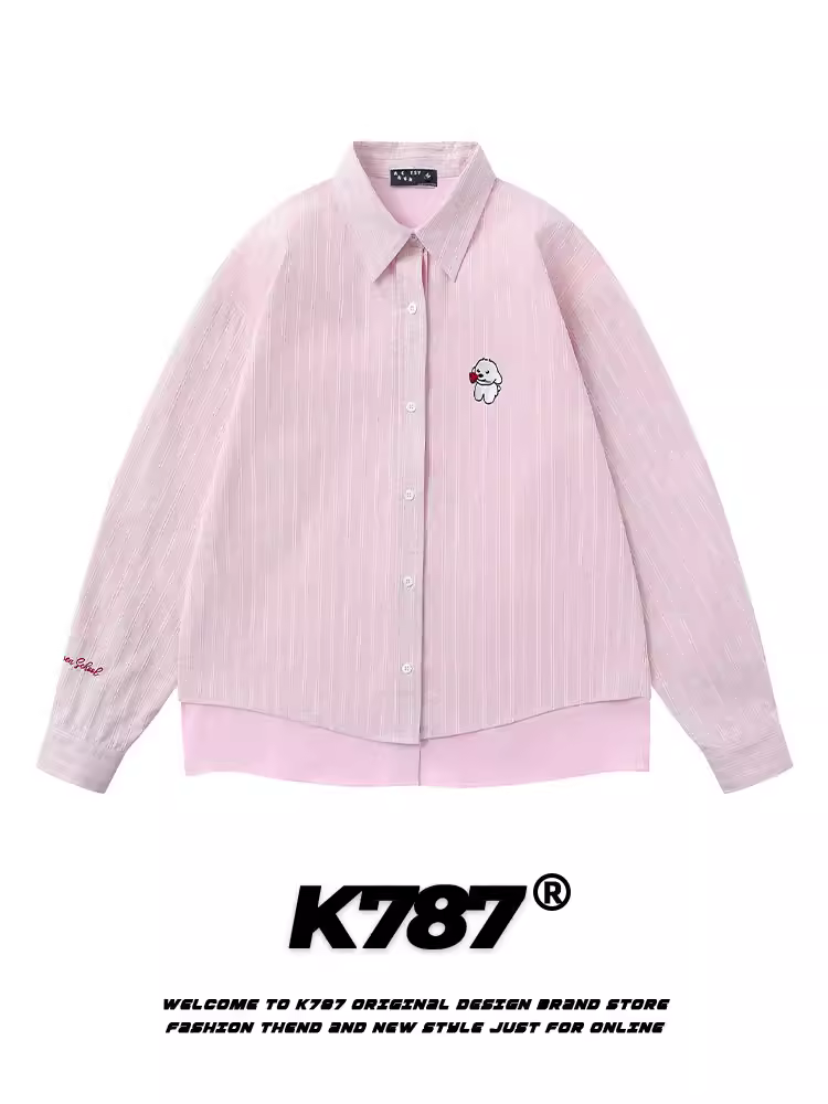 Áo khoác mỏng kiểu dáng unisex K787 phong cách retro Mỹ, phối màu hồng, họa tiết sọc giả hai lớp, tay dài, mùa xuân 2025