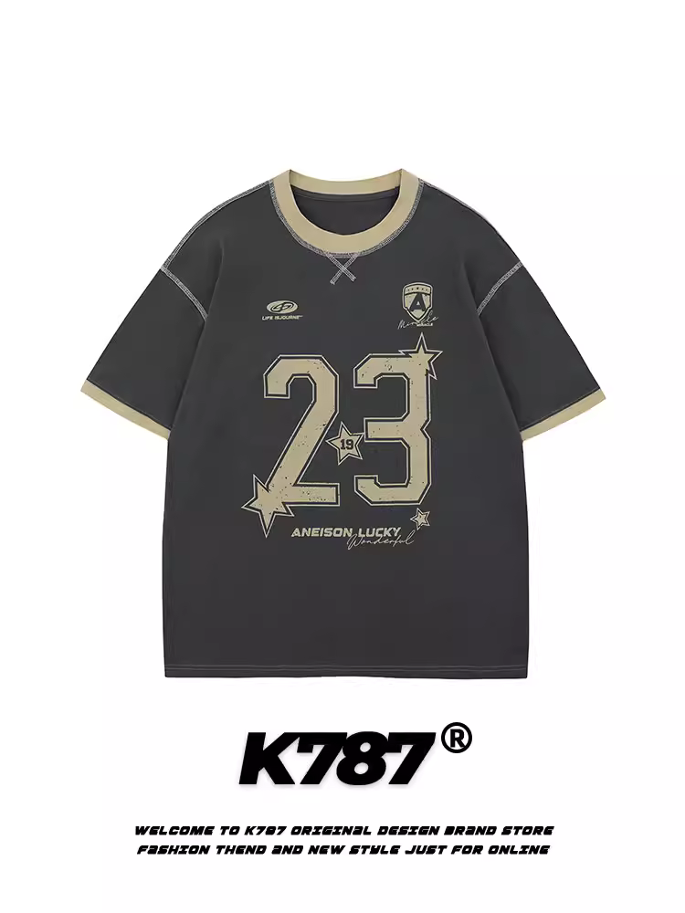 K787 Áo thun thể thao ngắn tay raglan cổ điển kiểu Mỹ dành cho nam và nữ, áo thun dáng rộng đa năng phong cách đại học dành cho cặp đôi