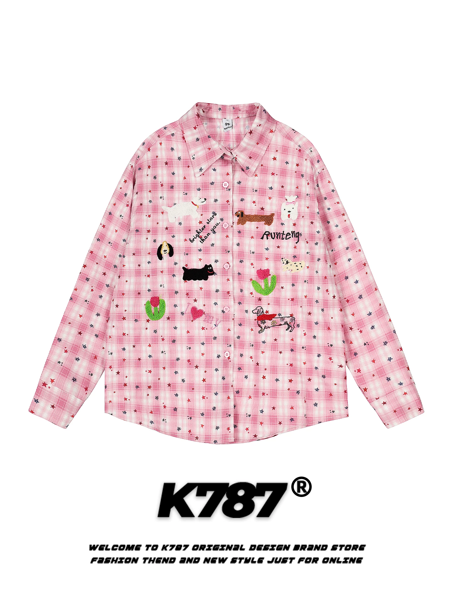K787 Mỹ retro vui nhộn thêu chó kẻ sọc dài tay áo sơ mi unisex lười biếng phong cách áo sơ mi dáng rộng áo khoác mùa thu