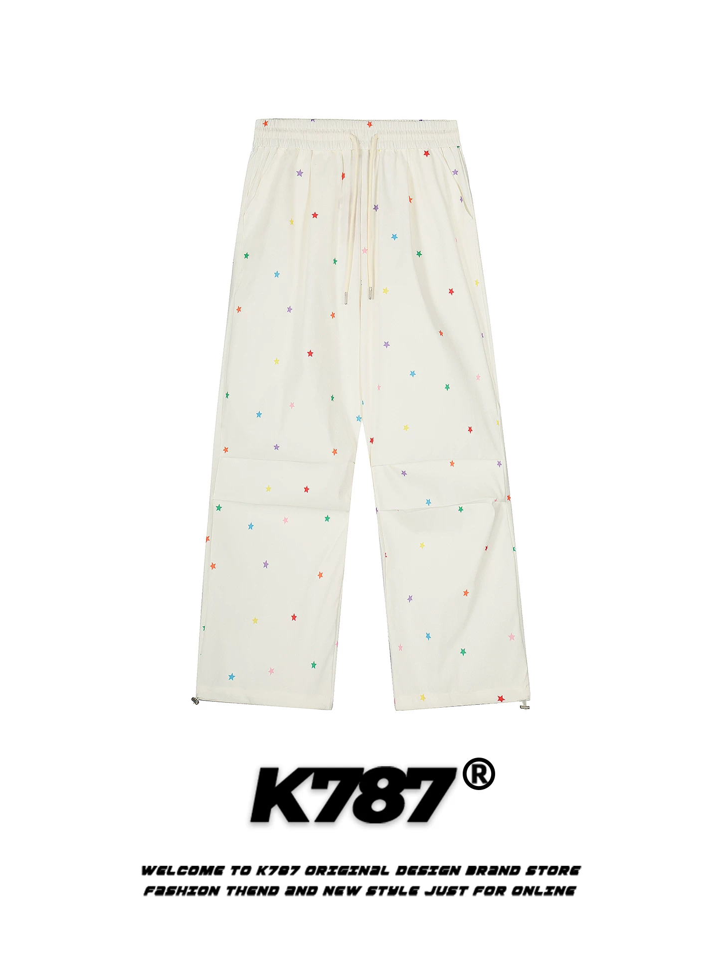 K787 Quần dù xếp ly in hình ngôi sao phong cách đường phố Mỹ unisex lưng cao thể thao đa năng quần ống rộng dáng thẳng thông thường