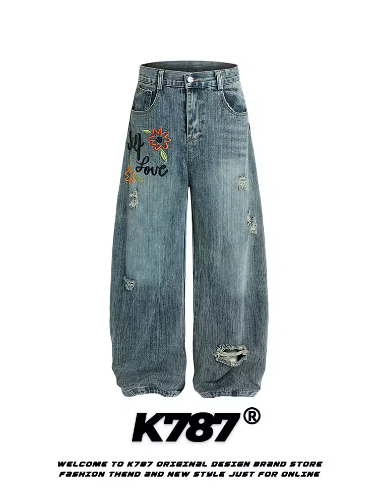 Quần jeans denim thêu hoa kiểu Mỹ K787, chất liệu denim xước, dáng rộng ống đứng, dài, dành cho nam và nữ