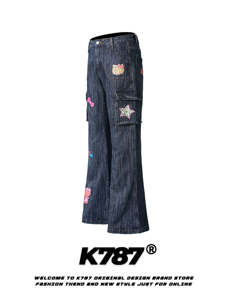 Quần jeans nữ K787 kiểu Mỹ cổ điển Hello Kitty, cạp cao, nhiều túi, cạp cao, đã qua xử lý làm mềm, đa năng, dáng rộng, ống loe
