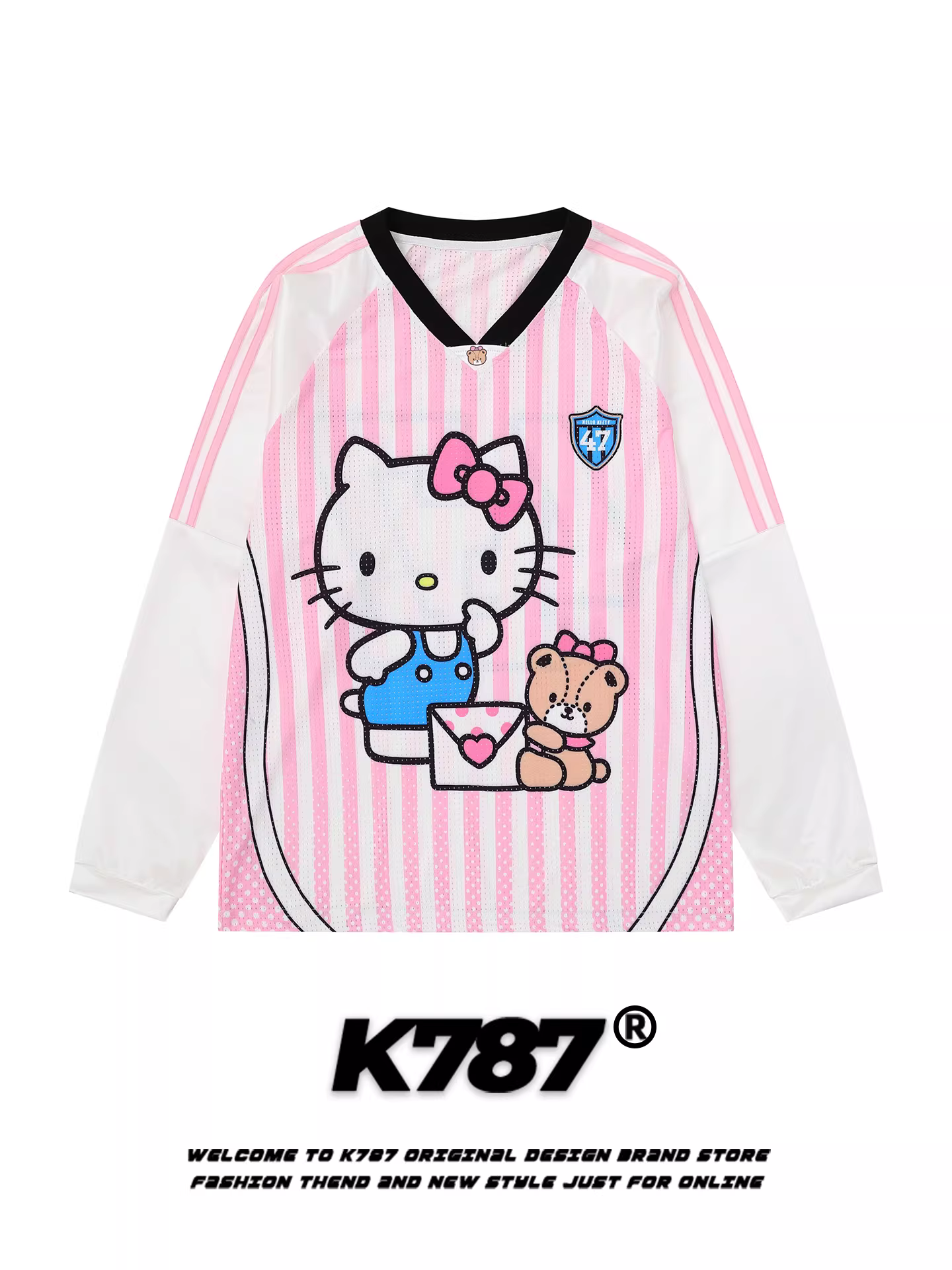 Áo thun nữ K787 kiểu Mỹ dễ thương hình mèo Kitty cổ V tay dài, sọc dọc, dáng rộng, phong cách thể thao