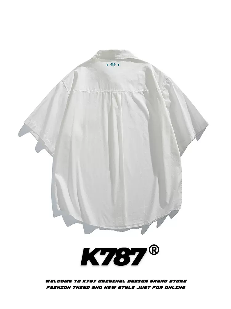 K787 Áo sơ mi ngắn tay đa năng phong cách đại học cổ điển của Mỹ dành cho nam và nữ Áo cardigan nửa tay màu trơn cổ điển dành cho mùa hè