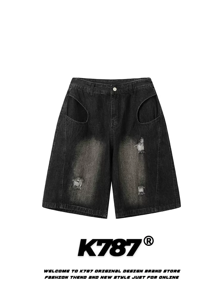 Quần short denim rộng ống, kiểu Mỹ cổ điển, xước nhẹ, unisex, dài đến đầu gối, đa năng, cạp cao, dáng thẳng, phong cách thường ngày