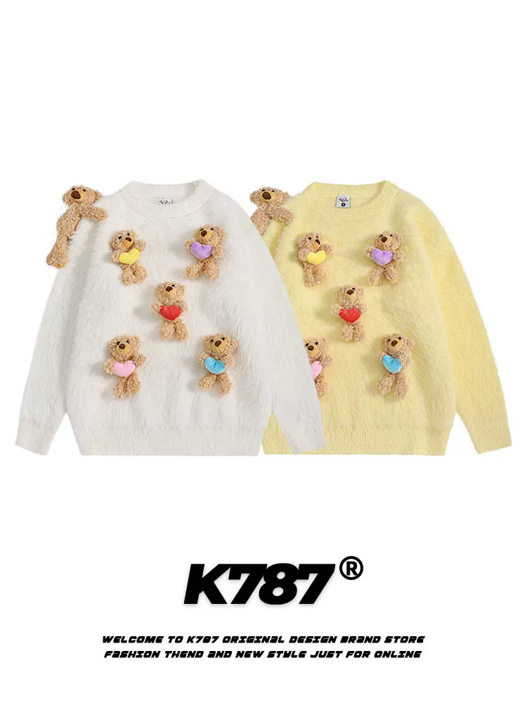 K787 Dopamine Fun Bear Mặt dây chuyền áo len dệt kim dành cho nữ Áo len màu trắng phong cách đại học Dopamine cổ điển của Mỹ