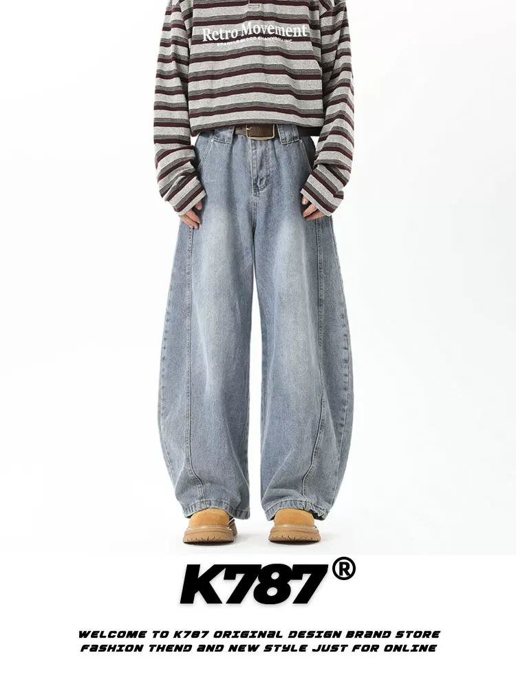 Quần jeans kiểu dáng retro Mỹ K787, họa tiết sét phá cách, unisex, dáng rộng, cạp cao, phong cách casual, kiểu dáng lửng.
