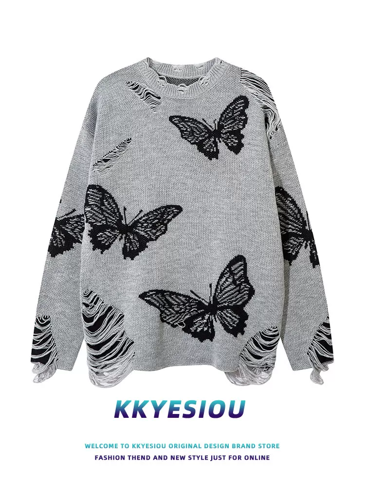 Áo len dệt kim vintage kiểu dáng rộng rãi, họa tiết bướm tua rua, chất liệu jacquard, unisex, dành cho cặp đôi, thương hiệu KKyesiou.