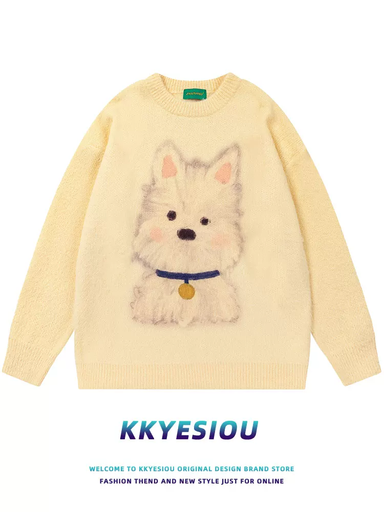 Áo len dệt kim kiểu Nhật Bản KKyesiou, họa tiết chó dễ thương, phong cách đại học, unisex, dáng rộng, áo đôi vui nhộn