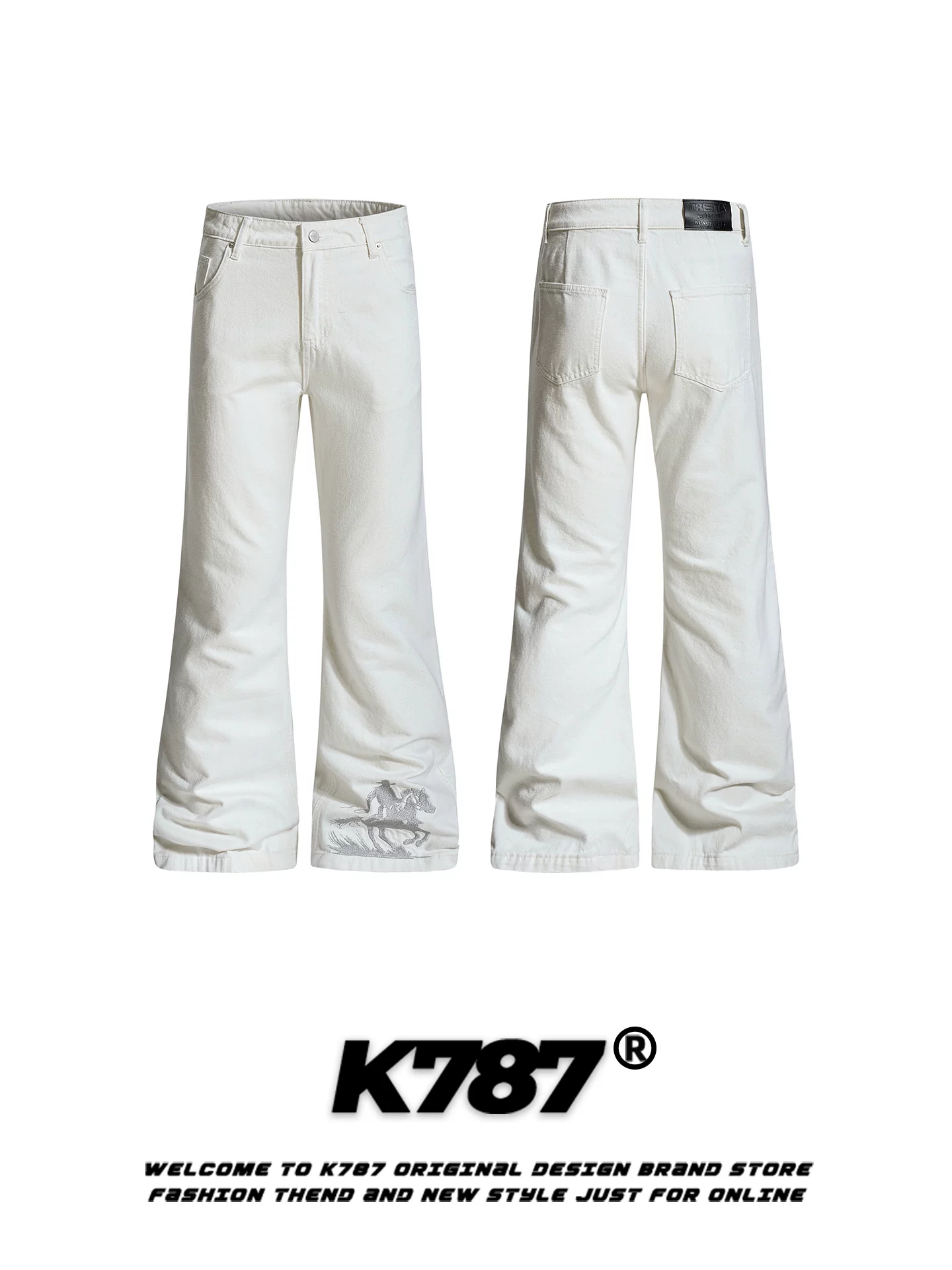 Quần âu rộng thùng thình thêu ngựa chiến cổ điển Mỹ K787, unisex, lưng cao, thời trang, tôn dáng, dài chấm đất