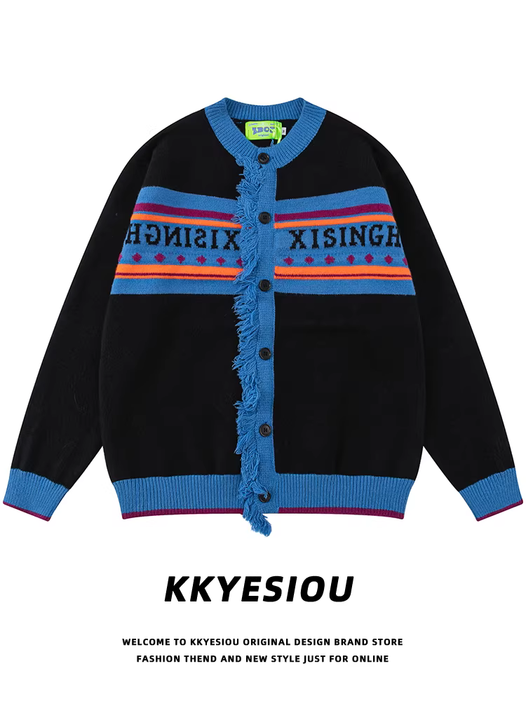 Áo len cặp đôi phong cách retro Mỹ, sọc xanh, kiểu preppy, áo khoác len cổ điển nam nữ